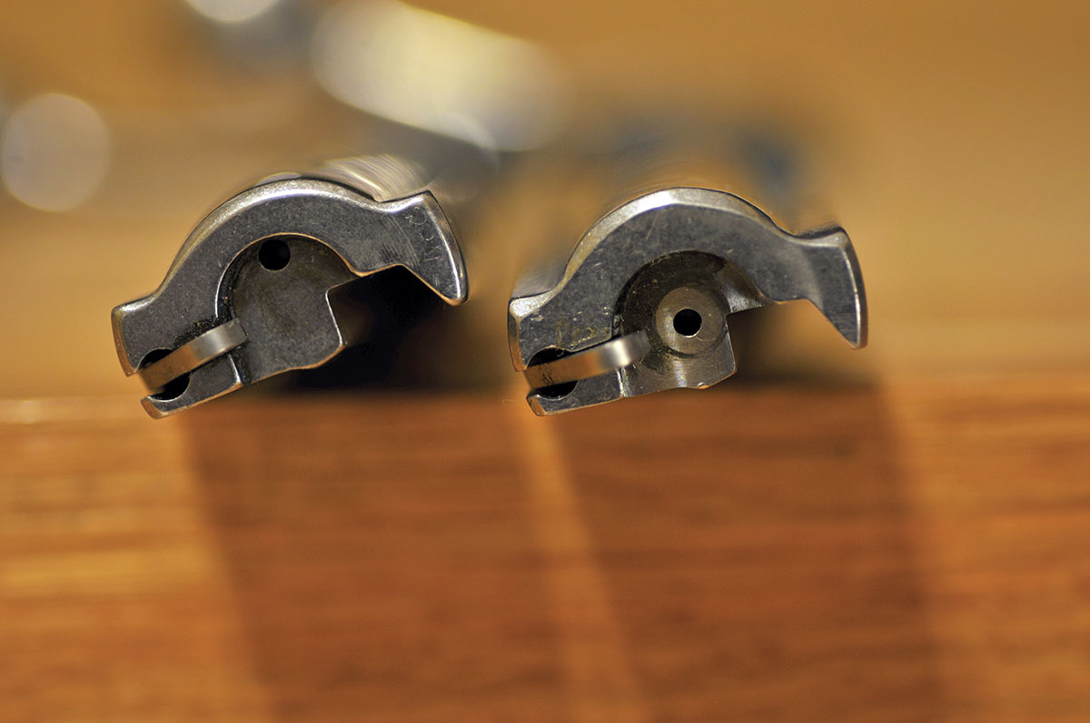 The only significant difference between the rimfire 17 WSM bolt face (left) and that of the centerfire 17 Hornet’s bolt is the obvious placement of the firing pin.